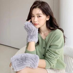 Womens Real Rabbit Fur Fingerless Knitted Elastic Gloves Wrist Warm Mittens - Picture 1 of 27
