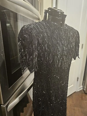 Vintage Laurence Kazar Black Silk Beaded Sequin Cocktail Dress PL - Image 1 of 4