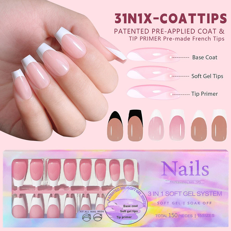 French White Line Artificial Nail Tips Press On Nails 150Pcs False Nails - Image 1 of 4