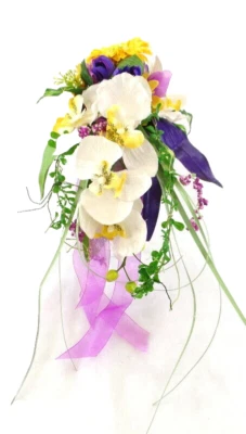 Strauß Seide Weiß Gelb Flieder Phalaenopsis Kunstb 40 cm Brautstrauß abfließend - Bild 1 von 4