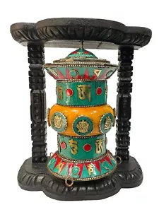 10" Nepal Tibetan Buddhist Spinning Table Amber Stone Prayer Wheel Wooden Stand - Picture 1 of 5