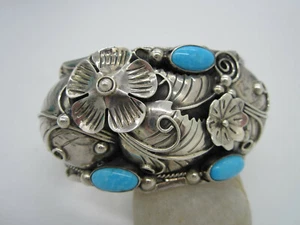 Estate Wide Ornate Sterling Silver Turquoise Flower Leaf Cuff 84.6 Gram Bracelet - Picture 1 of 5