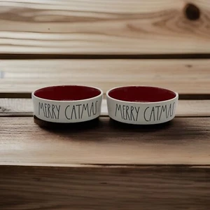Rae Dunn Merry Catmas Kitty Cat Food Bowls Christmas Red Black White Set Of 2 - Picture 1 of 8