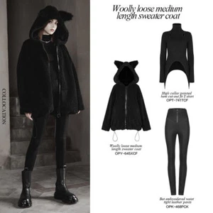 PUNK RAVE Women's Punk Small Ears Hooded Loose Short Coat Cute Winter Outerwear - Picture 1 of 20