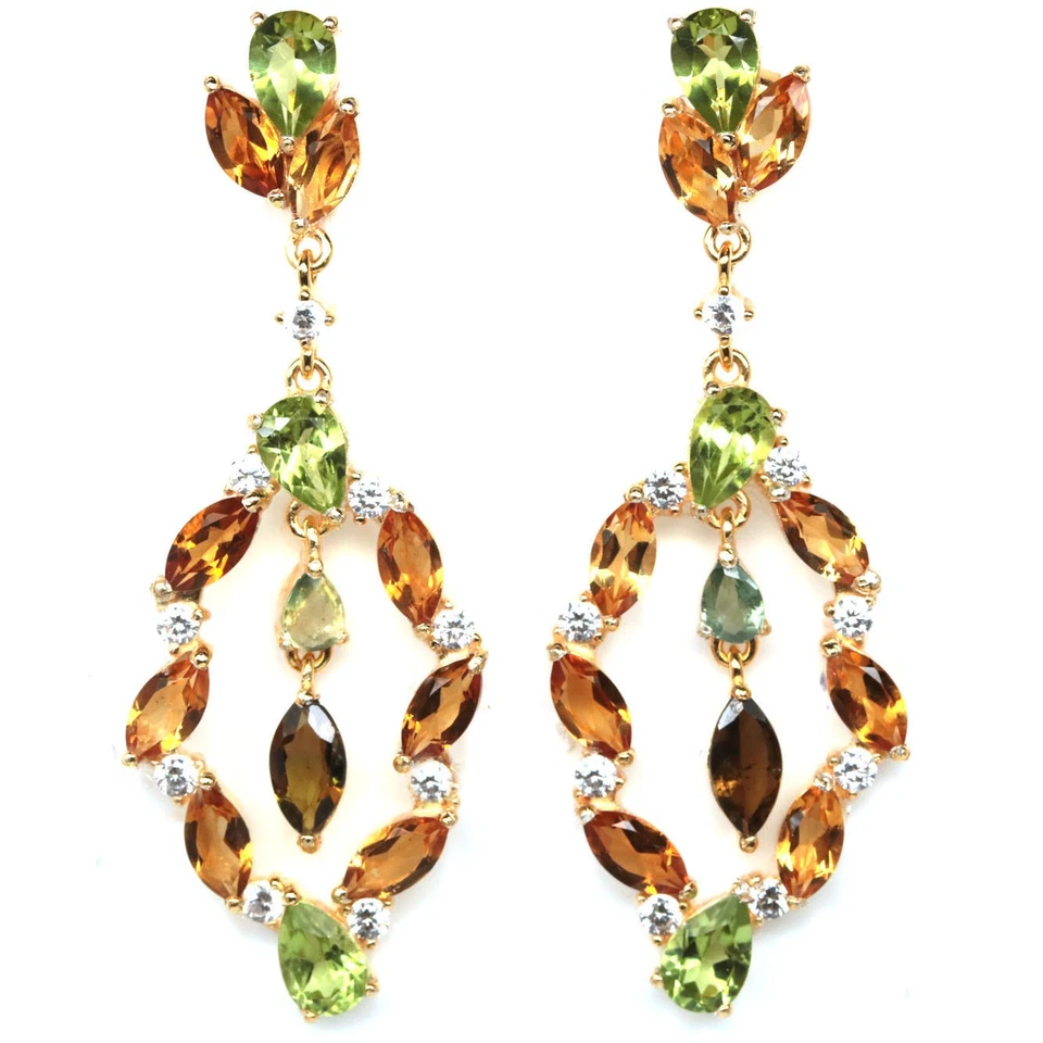 Thai Handmade 4 x 6 mm. Green Peridot, Tourmaline, Citrine & Zircon Earrings - Image 1 of 4