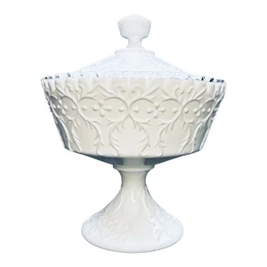 Fenton Silver Crest Footed Spanish Lace White Milk Glass Candy Dish with Lid - Picture 1 of 17