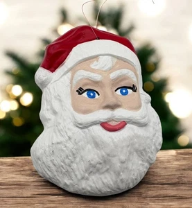 Vintage Weihnachtsmann Gesicht Christbaumschmuck handbemalt Keramik blaue Augen - Bild 1 von 6