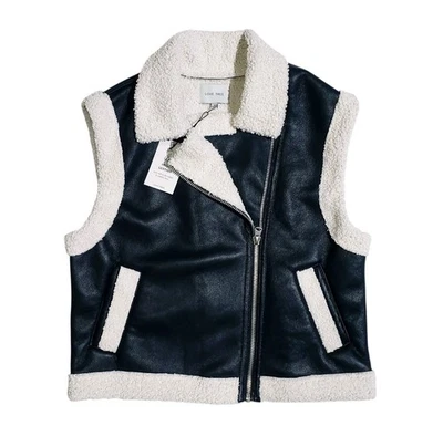 Love Tree Womens Vegan Leather Sherpa Lined Moto Vest Black Large NWT - Image 1 of 4