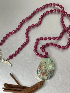 PANACEA Ruby Beaded Gemstone Stone Tassel Pendant 32in Necklace Hand Knotted - Picture 1 of 4