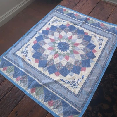 Handmade Patchwork Coverlet 35 x 45 Blue Flower Star Solid Back Quilt Top Rustic - Image 1 of 4
