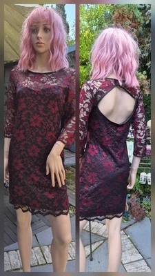 Vintage Primark black & red Lace Bodycon Dress Size 14(10) Cutout back 'Primani' - Image 1 of 4