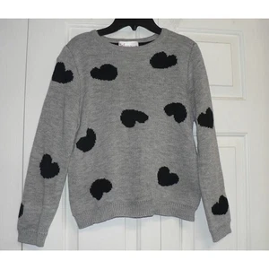 Cotton Emporium Girls Long Sleeve Crew Neck Sweater In Grey Black Hearts Large - Picture 1 of 5