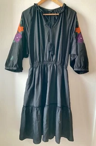 Raoul Black Embroidered Floral Sleeve Midi Peasant Dress UK 12-14 Used - Picture 1 of 18