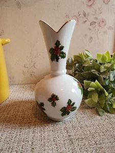 Vintage Lefton Poinsettia Holly Berry Christmas Holiday Bud Vase White Green Red - Picture 1 of 9
