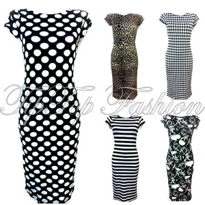 VESTIDO MIDI BODYCON ESTAMPADO INFORMAL ELÁSTICO MANGA GORRA MUJER DAMA TALLA GRANDE 8-22 - Imagen 1 de 1