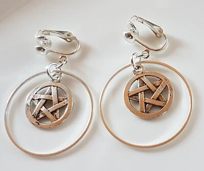 OHRCLIPS CLIPS CREOLEN VERSILBERT GOTHIC PENTAGRAMM - Bild 1 von 2