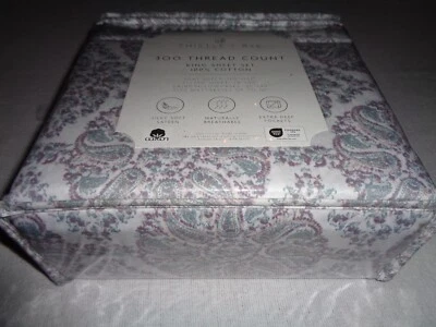 Nuevo juego de sábanas THISTLE + RYE KING XDeep - PÚRPURA/VERDE AZULADO Paisley 300TC Satén Foto 1 de 4