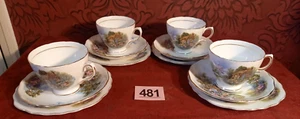 Ridgeway Royal Vale Bone China Brown Cottage Scene set of 4 trios - 12 pieces - Picture 1 of 4