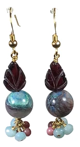 14K Gold-Filled Garnet Chrysocolla Engraved Teardrop Earrings 2 inches Long - Picture 1 of 2