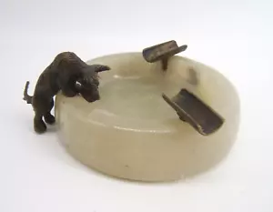 ANTIQUE ONYX CIGAR ASHTRAY BRONZE DOG & CIGAR HOLDER - Picture 1 of 6