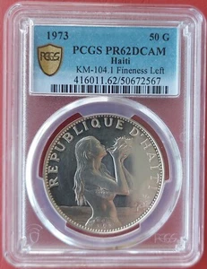 HAITI SILBER 50 GOURDEN PROOF MÜNZE 1973 JAHR KM#104.1 MEERJUNGFRAU MUSCHEL PCGS PR62 - Bild 1 von 2