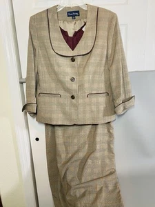 Traje a cuadros Evan Picone para mujer; chaqueta, falda y top, marrón y rosa, forrado talla 12 - Imagen 1 de 22