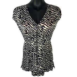 Walter Silk Blouse Women's Size S Cap Sleeve Black Beige Tiger Print Zip Front - Picture 1 of 12