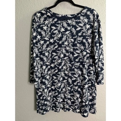 Túnica J. Jill Luxe Cuello Redondo XL Azul Marino Blanco Estampado Floral Algodón Informal Relajada Foto 1 de 4