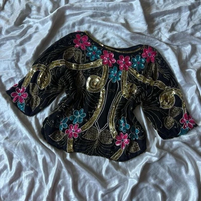 Blusa Vintage 1980 Lentejuelas Talla L Glam Ibizia Trofeo Brillante Cóctel Cuentas Foto 1 de 4