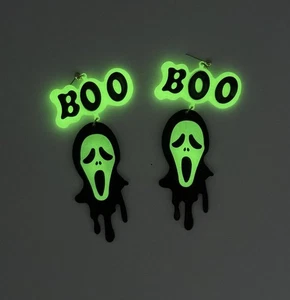 Glow in the Dark Halloween Earrings, Scary Ghost Face “Boo” Drop Dangle Earrings - Picture 1 of 4