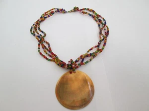 MULTICOLOURED SMALL BEADS CORD  NECKLACE AND SHELL DISC PENDANT - Picture 1 of 3