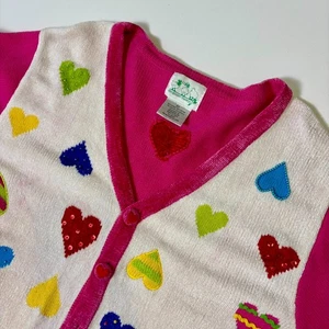 Quacker Factory Sweater Cardigan Womens Plus 2X Pink Velvet Multicolor Hearts - Picture 1 of 21