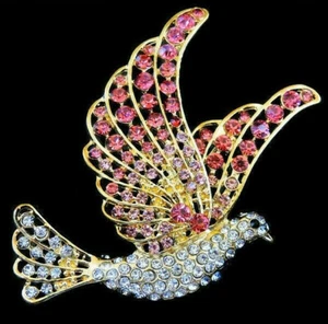  BIG Glory DOVE White BIRD Rhinestone Pink Betsey Johnson Necklace Pendnt Brooch - Picture 1 of 12