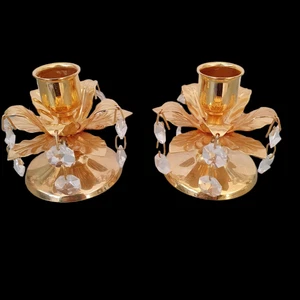 Vintage Gold Candleholders Crystal Prisms Flower Hollywood Regency Candlesticks - Bild 1 von 6