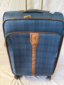 LONDON FOG Brentwood III 25" Expandable Spinner Soft Luggage Blue Plaid Suitcase - Picture 1 of 7