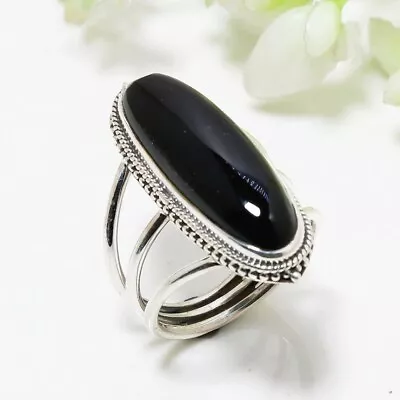 Brillante Onice Nera Gemma 925 Argento Sterling Mano Anello Tutte le Misure S-38 - Immagine 1 di 4