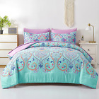 King Size Comforter Set, 7 Piece Bed In A Bag, Boho Aqua And Lilac Damask Medall
