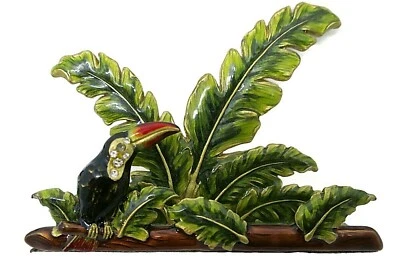 Brass Enamel Toucan Rhinestone Palm Leaf Letter Holder size 4.25" L x 3.25" H - Image 1 of 4