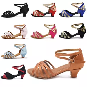 Girls Latin Dance Shoes Women Children Ballroom Tango Salsa Shoes Low Heeled - Picture 1 of 20