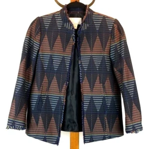 H&M Womens Jacket SZ 4 Blue Black Red Yellow Open Front Long Sleeve Fully Lined - Picture 1 of 12