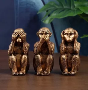 Monkey Ornaments Three Wise Monkeys Gold Sculpture See No Hear No Speak No Evil - Picture 1 of 3