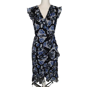 Karl Lagerfeld floral dress v neck faux wrap sz 12 black blue ruffle - Picture 1 of 17