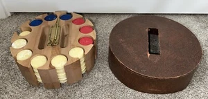 Vintage Wood Poker Chip Holder Blue, Red, And White Chips Lazy Susan With Cover - Picture 1 of 14