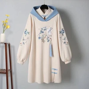 Women Girl Embroidered Hoodie Pullover Dress Warm Long Cheongsam Top Tang Suit - Bild 1 von 15