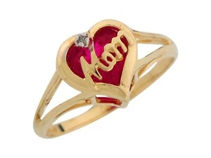 10k or 14k Yellow Gold Natural Diamond and Simulated Ruby Mom Heart Ring - Picture 1 of 1