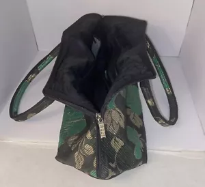 Glänzende asiatische Print Stoff Umhängetasche Handtasche schwarz grün gold erweiterbar unbenutzt - Bild 1 von 15
