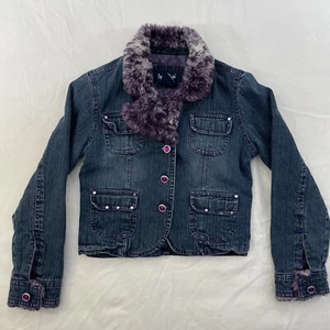 Squeeze Girls Jeans Jacket Denim Size M 10 Purple Faux Fur Collar Jewel Buttons - Picture 1 of 11
