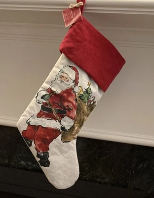 Puño PotteryBarn acuarela pintado Papá Noel sobre lino algodón terciopelo nuevo con etiqueta Foto 1 de 4