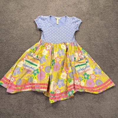 Matilda Jane Dress Girls 6 Blue Polka Dot Yellow Floral Twirl Pockets Boutique - Image 1 of 4