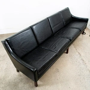 Mid Century Danish Modern Leather Sofa Couch 4 Seat Black Vintage Rosewood Legs - Picture 1 of 12